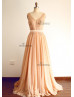 Deep V Back Champagne Tulle Lace Beaded Prom Dress